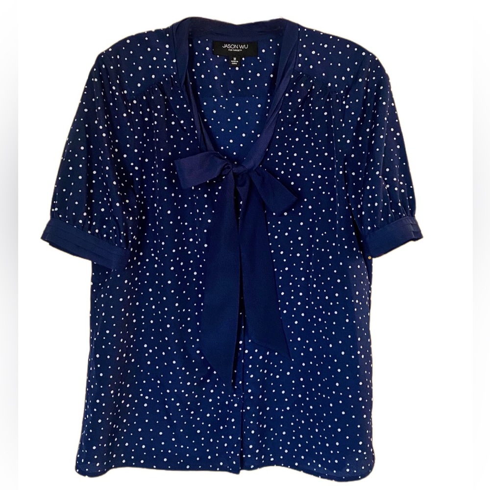 Jason Wu Target Blue Polka Dot Puff Sleeve Button Down Bow Necktie Blouse